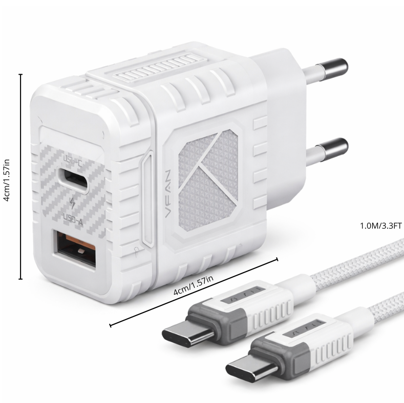 Cargador con doble entrada USB-A+USB-C contiene cable USB-C