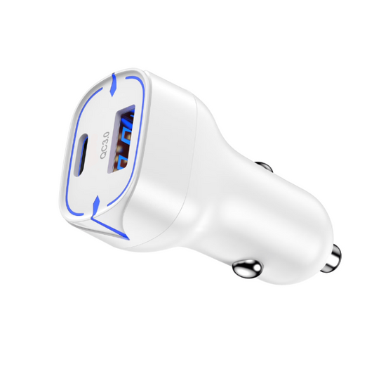 Cargador de coche 2 en 1 USB-A + USB-C, 30W de potencia, carga rápida C11