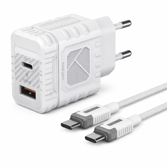 Cargador con doble entrada USB-A+USB-C contiene cable USB-C